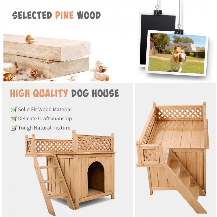 Wooden dog house with stairs and raised balcony, made from durable pine wood, perfect for small pets like puppies.