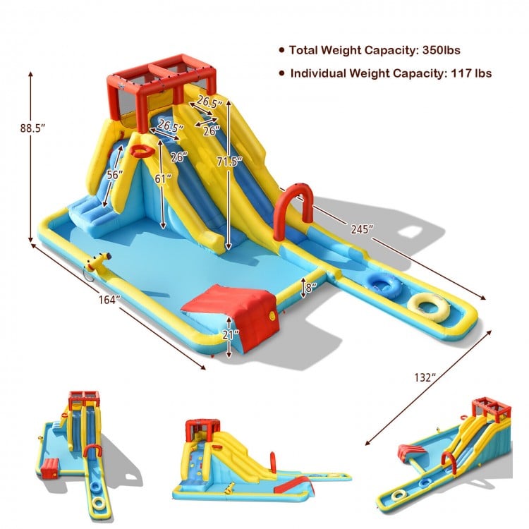 7-in-1 inflatable dual slide water park with climbing wall, basketball hoop, and swimming pool for outdoor fun.