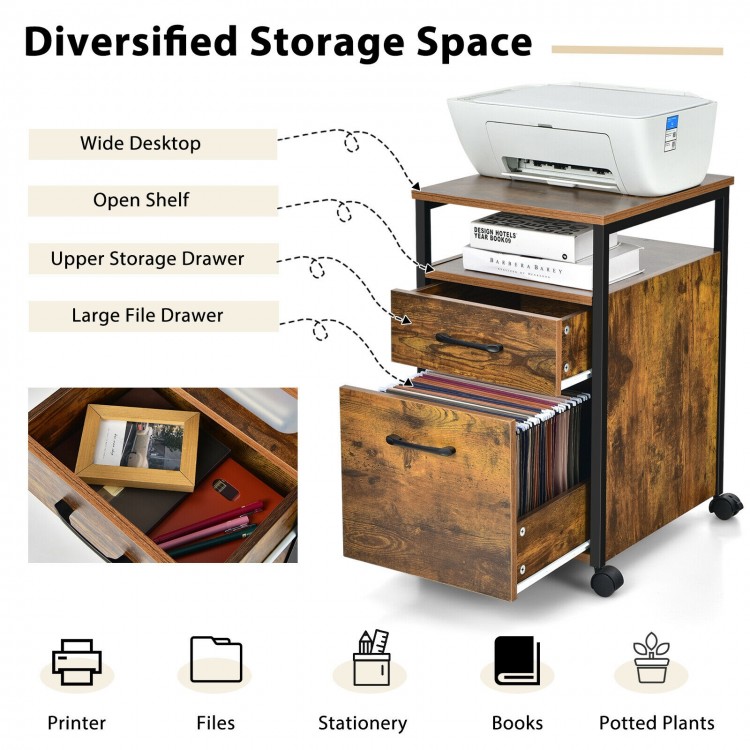 2-drawer mobile file cabinet in rustic brown with open shelf, ideal for printer and letter size files, perfect for.