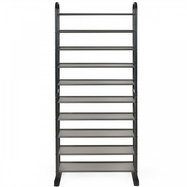 10-tier free-standing metal frame shoe rack viewed from a side angle, featuring a sleek design and ample storage.
