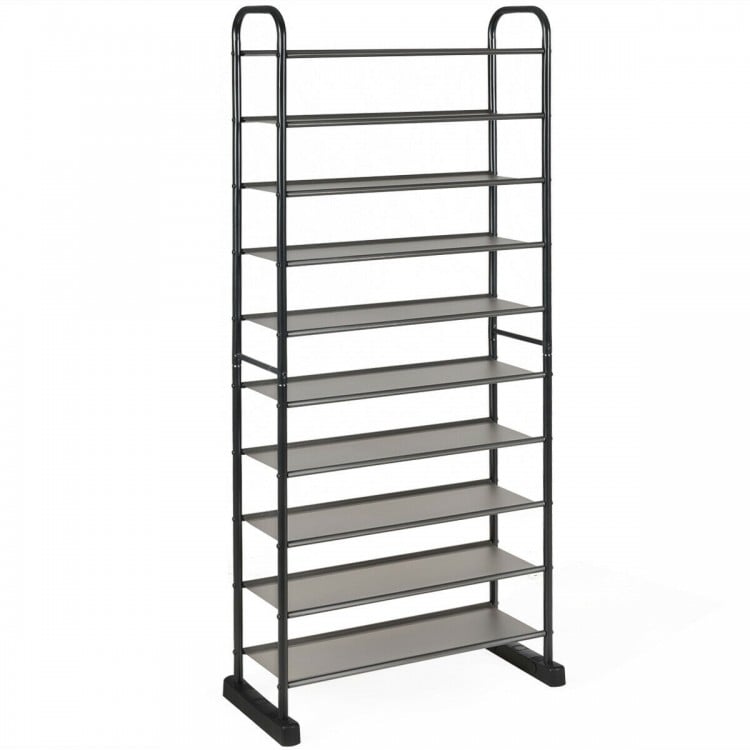 10-tier free-standing metal frame shoe rack with removable layers, ideal for hallways and compact spaces.