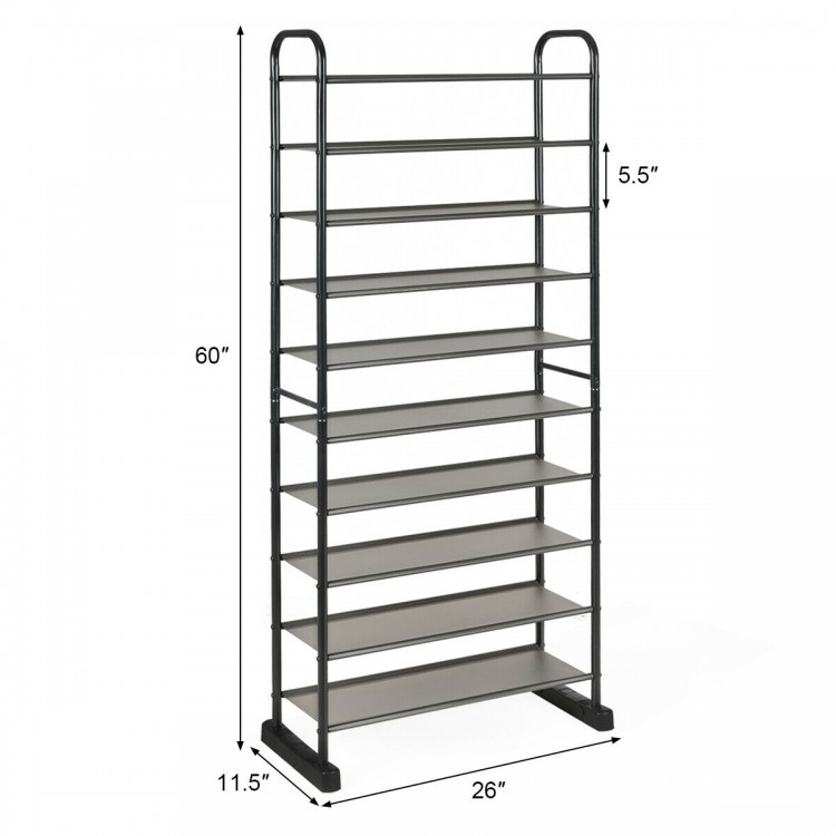 10-tier free-standing metal frame shoe rack with removable layers, 60" tall, ideal for hallway and entryway storage.