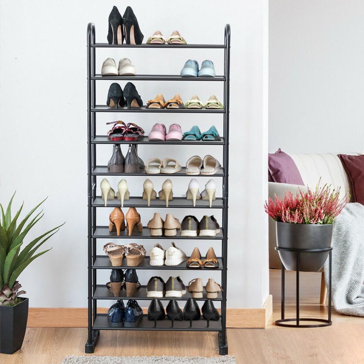 10-tier free-standing metal frame shoe rack viewed from the front, featuring spacious layers for organized shoe storage.