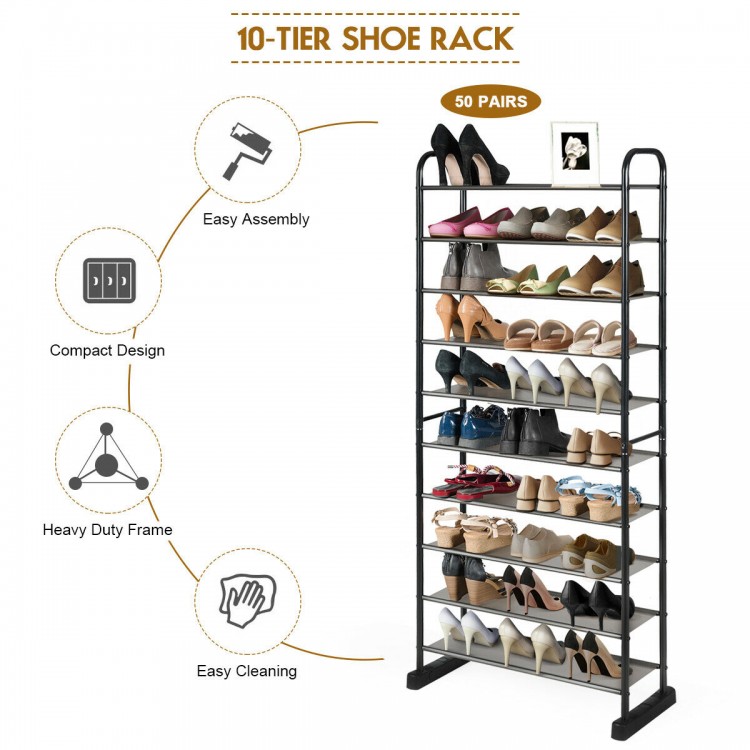 10-tier free-standing shoe rack with metal frame, compact design, and removable layers for versatile storage in.