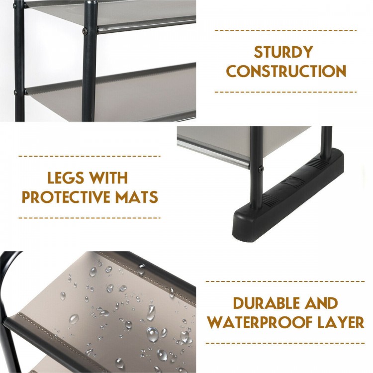 Close-up of the 10-tier metal frame shoe rack showcasing the waterproof layer and sturdy construction for hallway use.