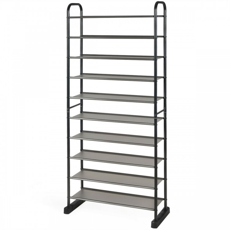 10-tier free-standing metal frame shoe rack with removable layers, ideal for compact spaces and easy maintenance.