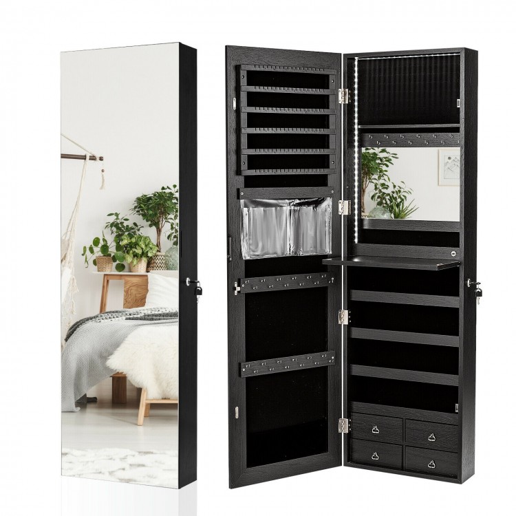 Multipurpose black storage cabinet with full-length mirror, 4 drawers, and organized jewelry storage for cosmetics and.