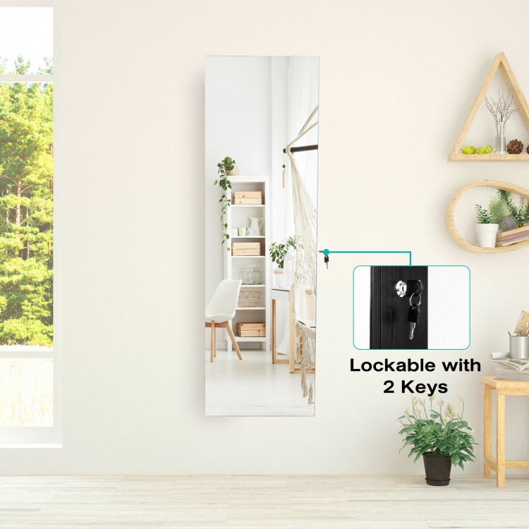 Full-length frameless mirror storage cabinet in black with 4 drawers, 36 necklace hooks, and LED lights for jewelry.