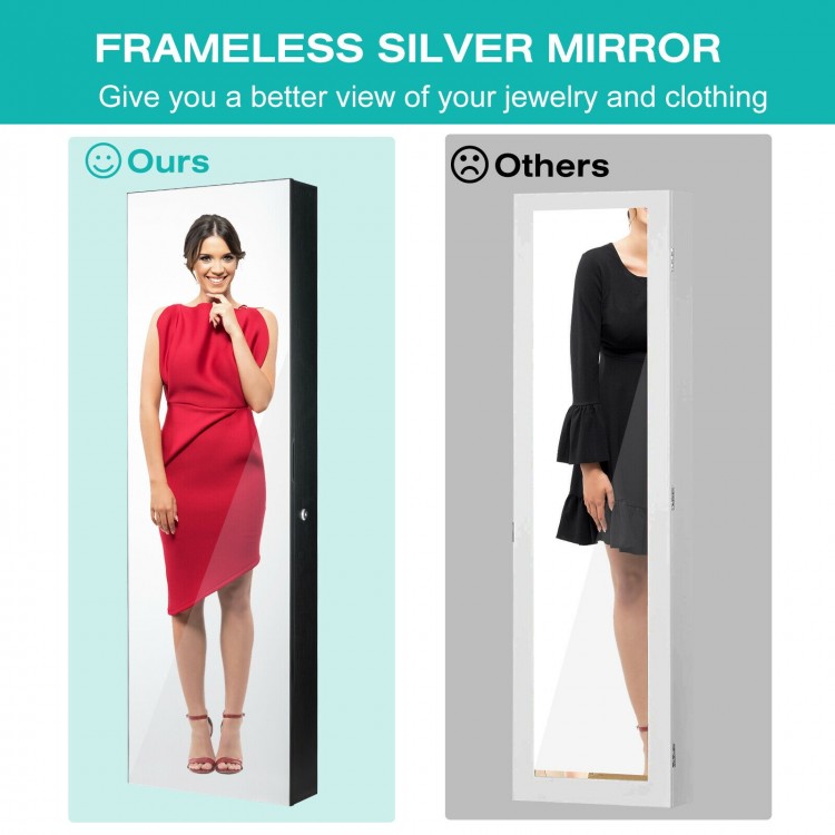 Full-length frameless mirror jewelry cabinet in black with 4 drawers and ample storage for cosmetics and accessories.