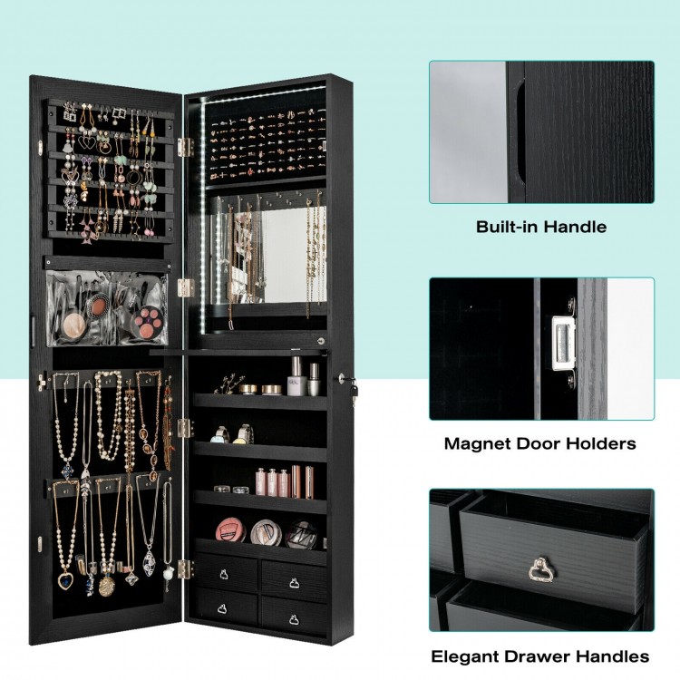 Multipurpose black jewelry cabinet with full-length mirror, 4 drawers, and ample storage for cosmetics and accessories.