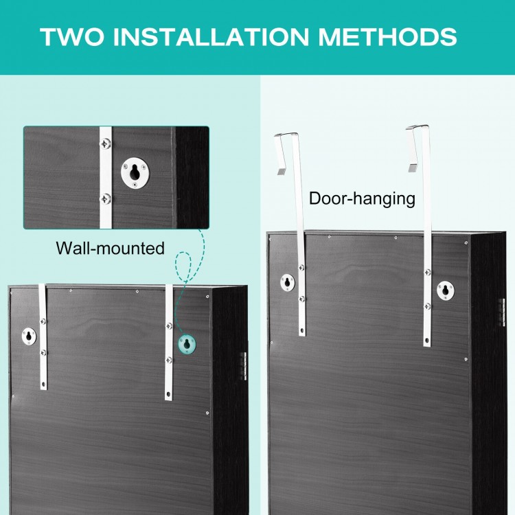 Two installation methods for the black multipurpose storage cabinet: wall-mounted or door-hanging for versatile use.