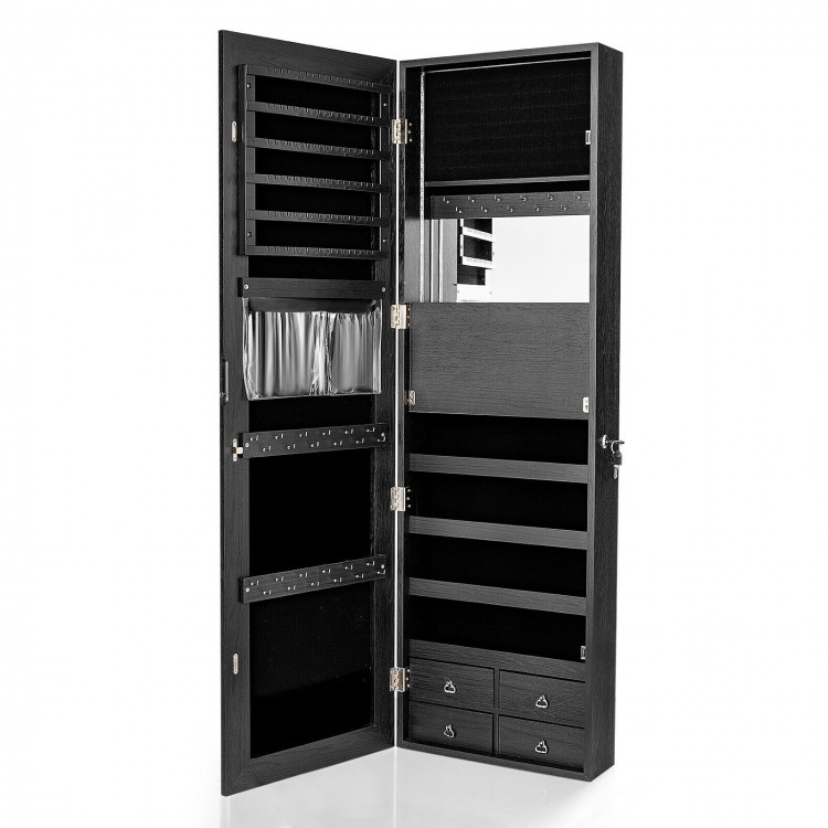 Multipurpose black storage cabinet with 4 drawers, mirror, and ample space for jewelry and cosmetics, ideal for saving.