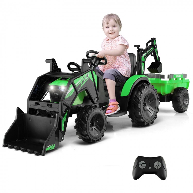 Kids ride-on excavator in green with shovel bucket and trailer, featuring remote control and music for fun outdoor play.