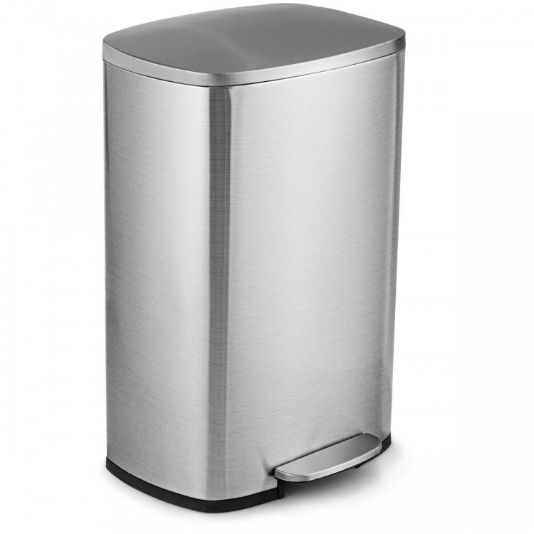 Stainless steel 13.2-gallon trash can with an invisible handle and waterproof bottom, designed for easy mobility and.