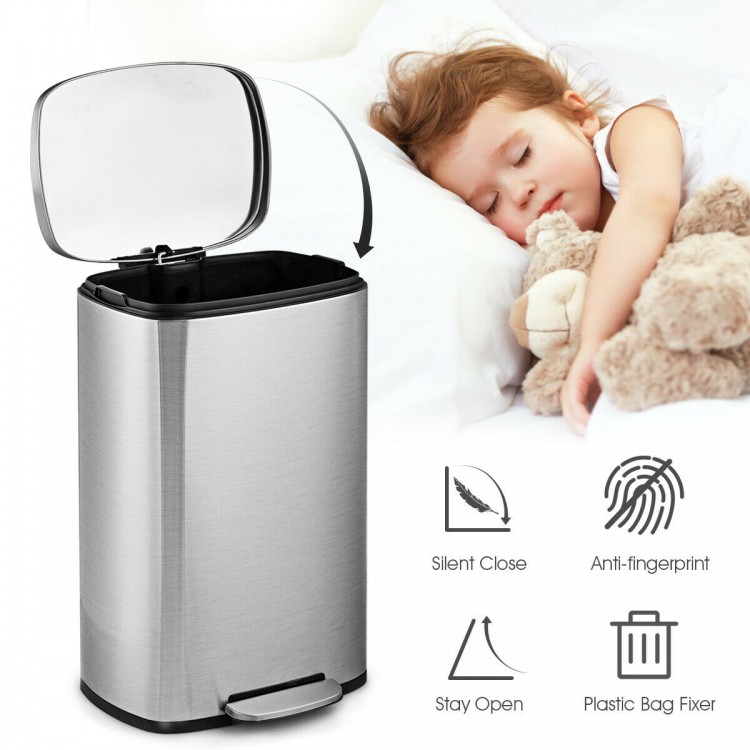 Stainless steel 13.2-gallon trash can with a silent close lid and plastic bucket, ideal for convenient waste disposal.