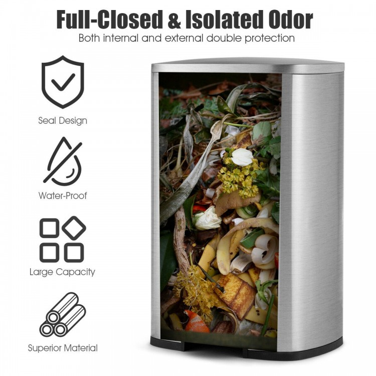 Stainless steel 13.2-gallon trash can with a large capacity, waterproof design, and noiseless lid for easy waste.