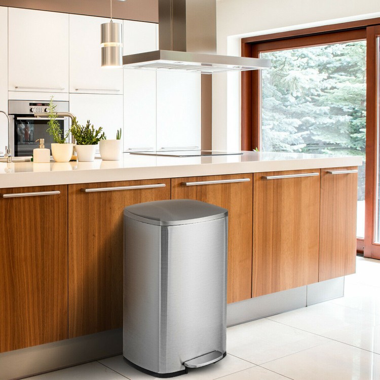 Stainless steel 13.2-gallon trash can with a plastic bucket, featuring a noiseless lid and easy-lift handles for.