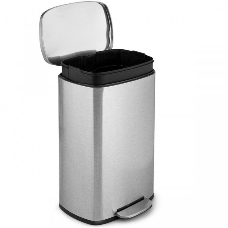 Stainless steel 13.2-gallon trash can with a foot pedal, separate bucket, and noiseless lid for easy waste disposal.