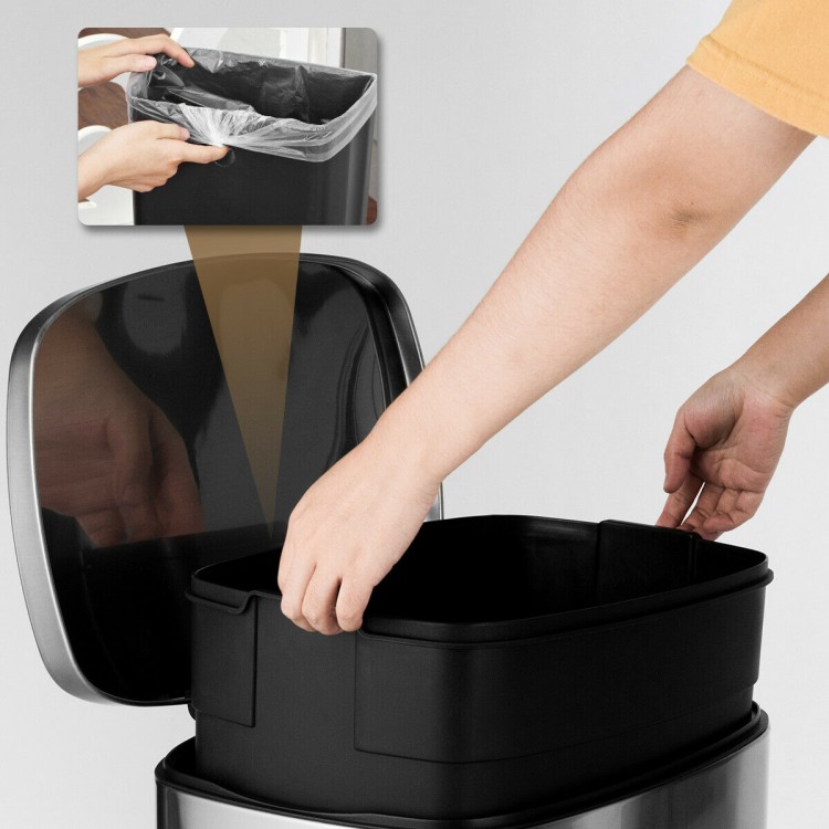 Stainless steel 13.2-gallon trash can with a separate plastic bucket and easy-lift handles for convenient waste.