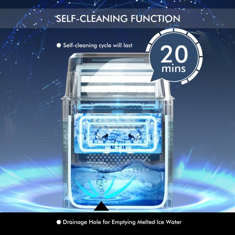 Electric portable countertop ice maker with self-cleaning function, producing 24 square ice cubes in 15 minutes.