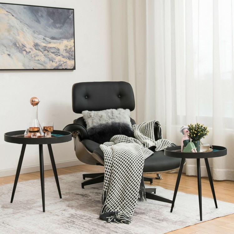 Set of 2 black nesting end tables with wooden tray tops and steel legs, perfect for modern living spaces.