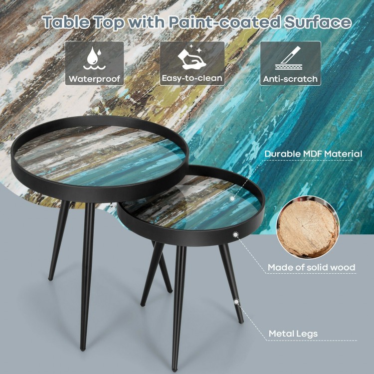 Set of 2 nesting end tables with wooden tray tops, black steel legs, waterproof surface, perfect for modern living.