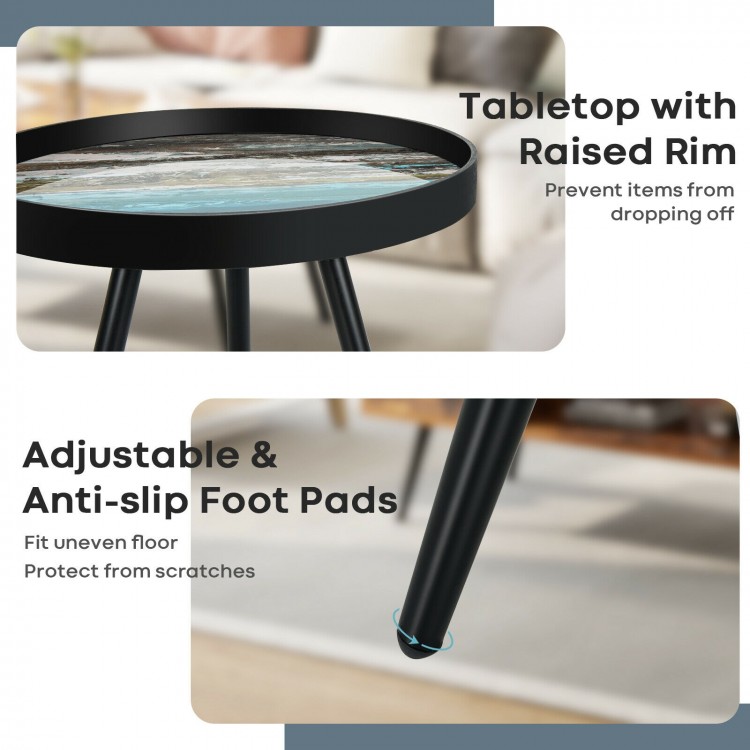 Stylish nesting end tables with wooden tray tops and black steel legs, featuring raised rims and adjustable foot pads.