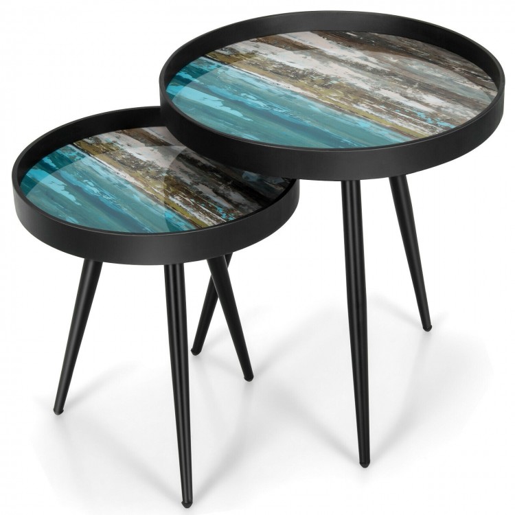 Set of 2 stylish nesting end tables with wooden tray tops and black steel legs, perfect for modern living spaces.