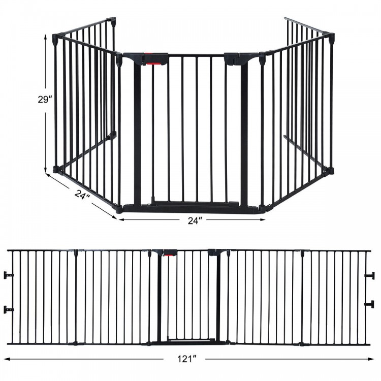 5-panel adjustable black fireplace fence, 115 inches long, versatile pet gate or baby safety barrier for indoor use.