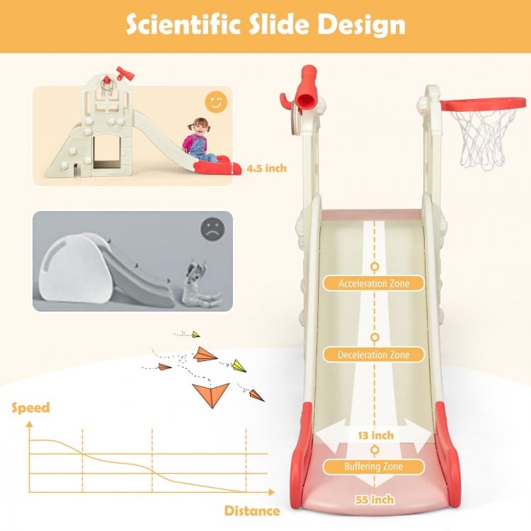 Large pink slide playset for kids featuring a basketball hoop, climbing panel, and safety handrails for indoor and.