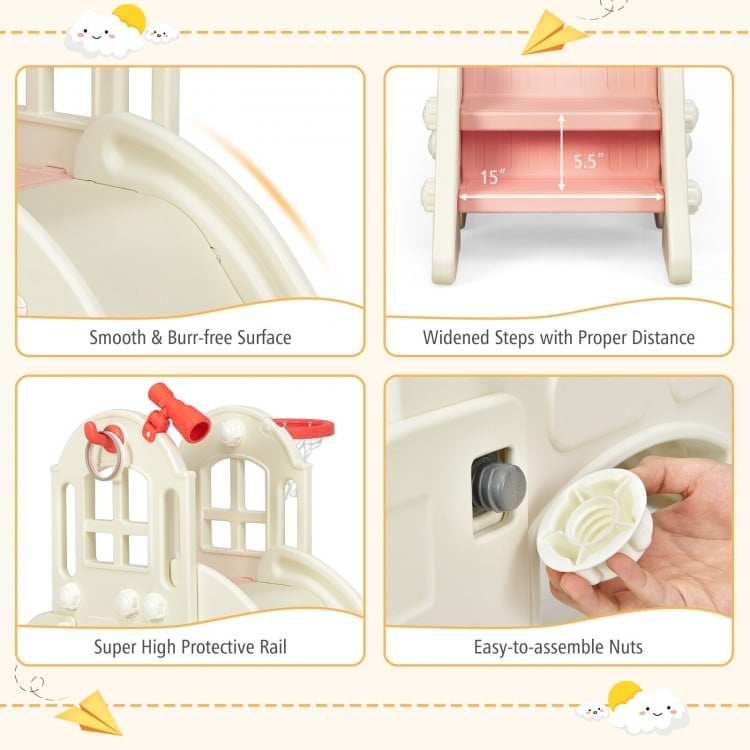 Large pink slide playset with basketball hoop, enhanced handrails, and wide steps for kids aged 3-8, ideal for indoor.