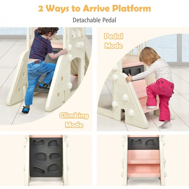 Detachable pedal for the 6-in-1 pink slide set, showcasing climbing and pedal modes for versatile play options.