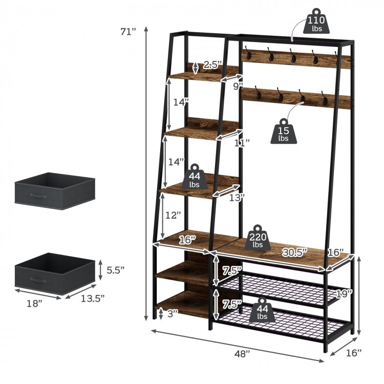 Freestanding hall tree coat rack with 9 hooks, 6 shelves, bench, and removable fabric dressers in rustic brown.