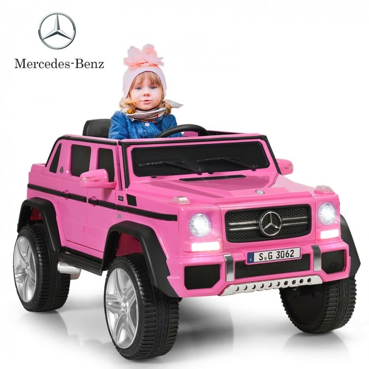 Pink licensed Mercedes-Benz kids ride-on car with LED lights, parental remote, and spring suspension for smooth driving.