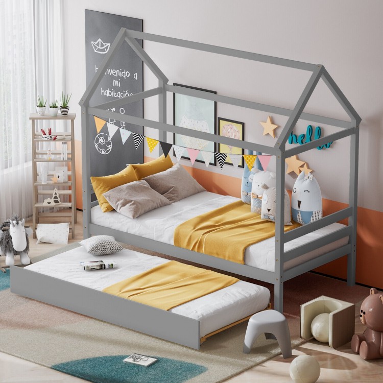 Kids platform bed frame in gray with roof, featuring dual beds for sleepovers and solid wood structure for durability.