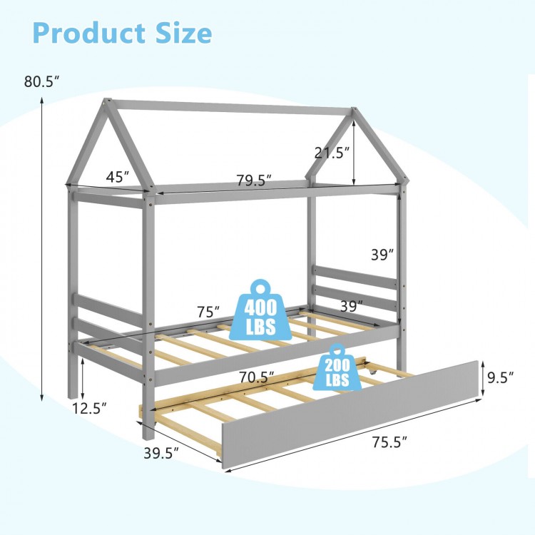 Kids platform bed frame with roof in gray, featuring solid wood structure and dual bed design for sleepovers.