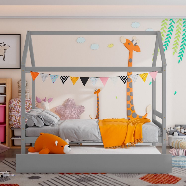 Kids platform bed frame with roof in gray, featuring a house shape design, ideal for children's bedrooms and sleepovers.
