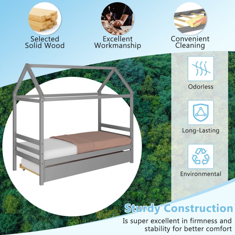 Kids platform bed frame with roof in gray, featuring solid wood construction and dual bed design for sleepovers.