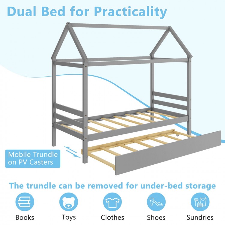 Kids platform bed frame with roof in gray, featuring a dual bed design and mobile trundle for practical bedroom use.