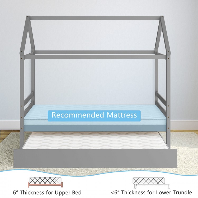 Kids platform bed frame in gray with roof, designed for dual sleeping, featuring recommended mattress thickness for.
