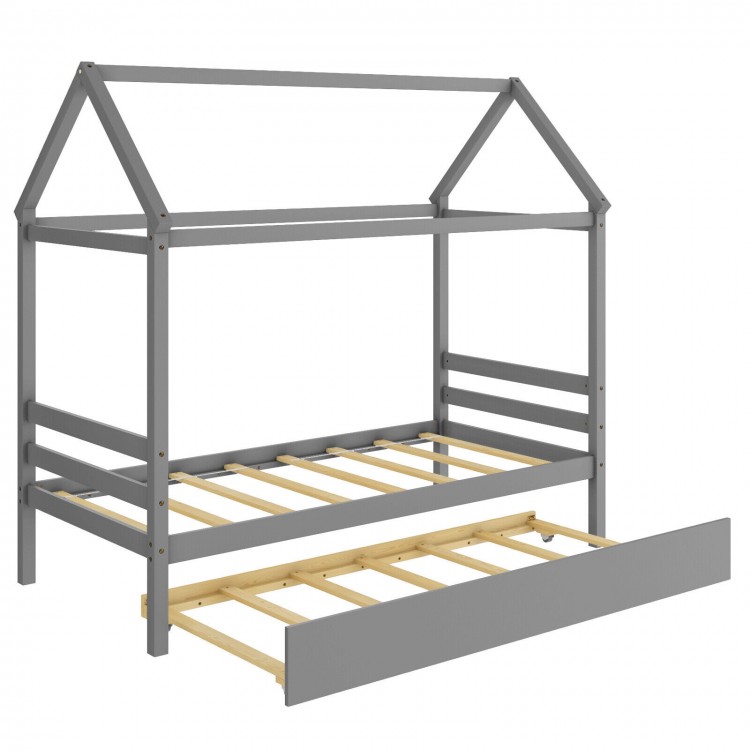 Kids platform bed frame in gray with house shape, featuring a trundle for sleepovers and sturdy wooden slats.