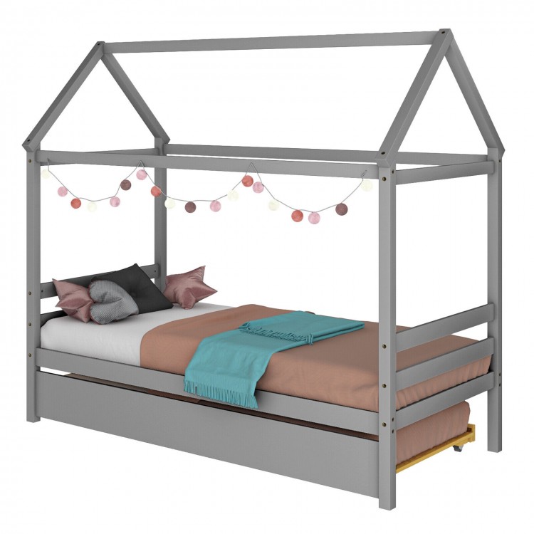 Kids platform bed frame with roof in gray, featuring a solid wood structure and dual bed design for sleepovers.