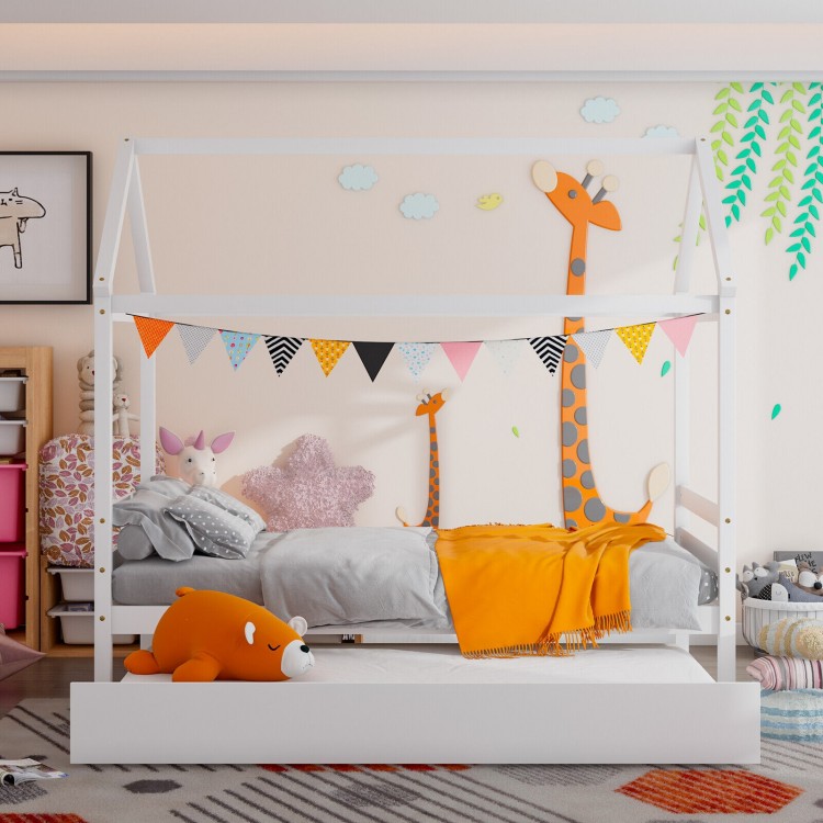 Kids platform bed frame with roof in white, featuring a house shape design, perfect for children's bedrooms and.