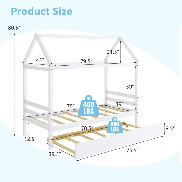 Kids platform bed frame with roof in white, featuring dimensions and solid wood structure for excellent firmness.