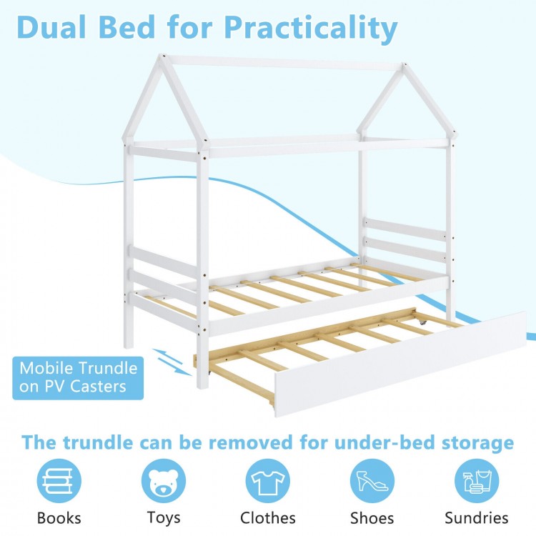 Kids platform bed frame with roof in white, featuring a dual bed design and mobile trundle for bedroom practicality.