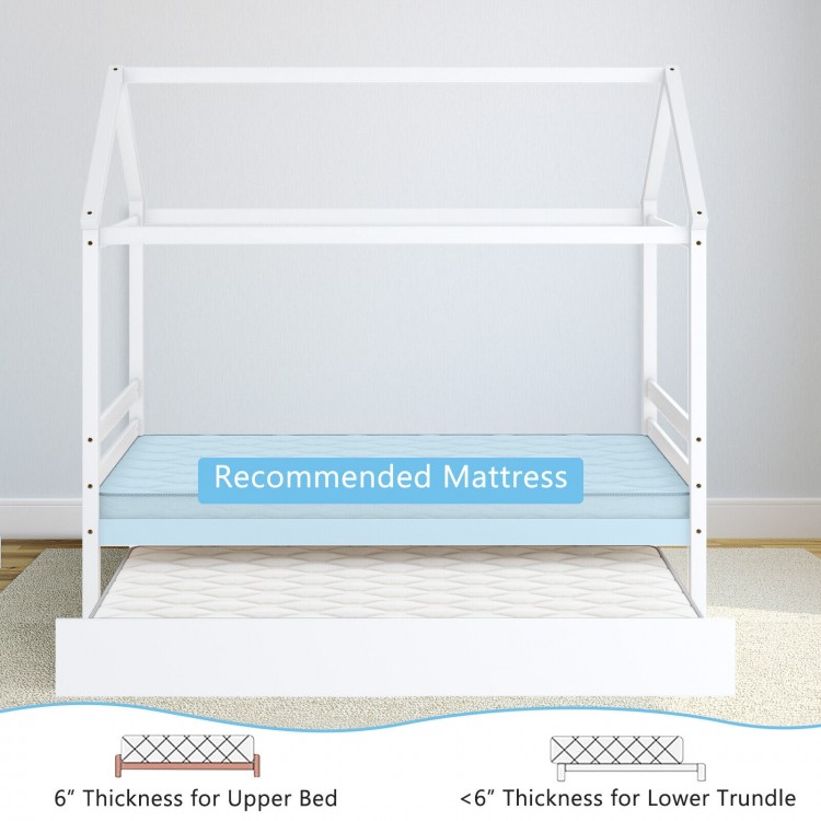 Kids platform bed frame with roof in white, designed for dual sleeping, featuring a solid wood structure and.