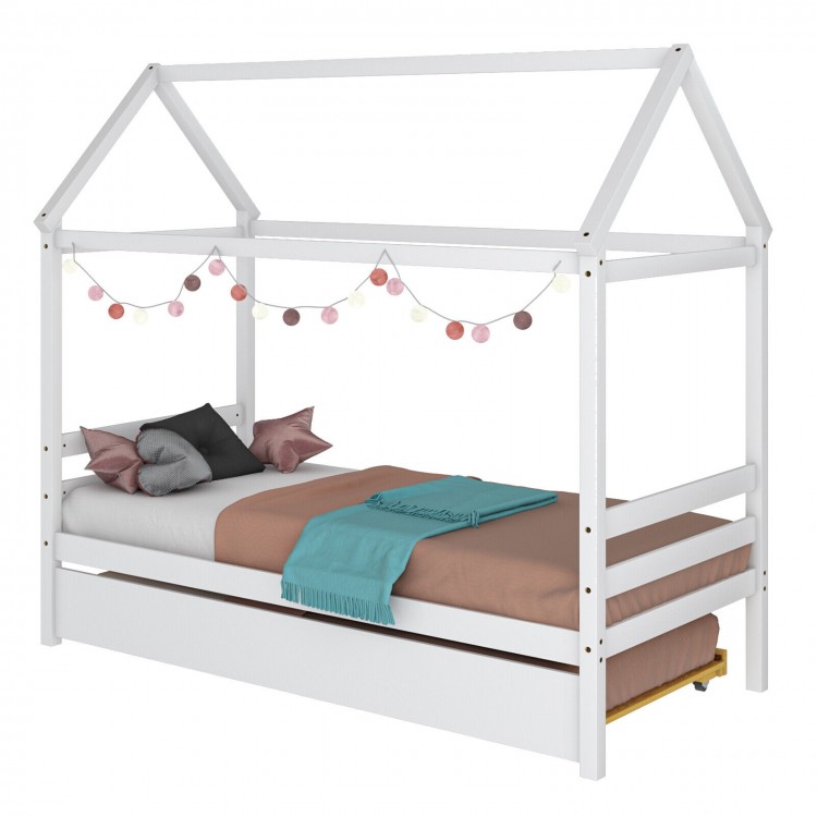 Kids platform bed frame in white with roof, ideal for sleepovers, featuring solid wood structure and dual bed design.