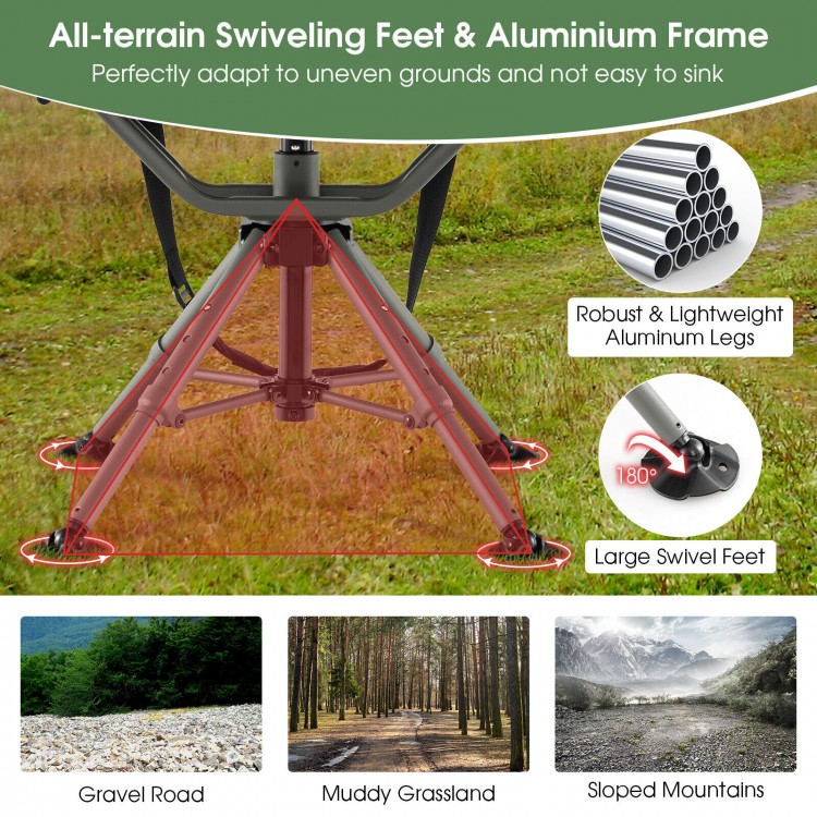 All-terrain swivel feet and aluminum frame of the 360-degree silent swivel hunting chair for stable outdoor use.