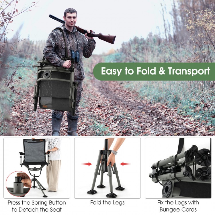360-degree silent swivel hunting chair with adjustable heights and breathable fabric, perfect for outdoor activities.