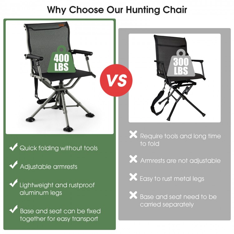 360-degree silent swivel hunting chair in black with adjustable armrests and lightweight aluminum legs for outdoor.
